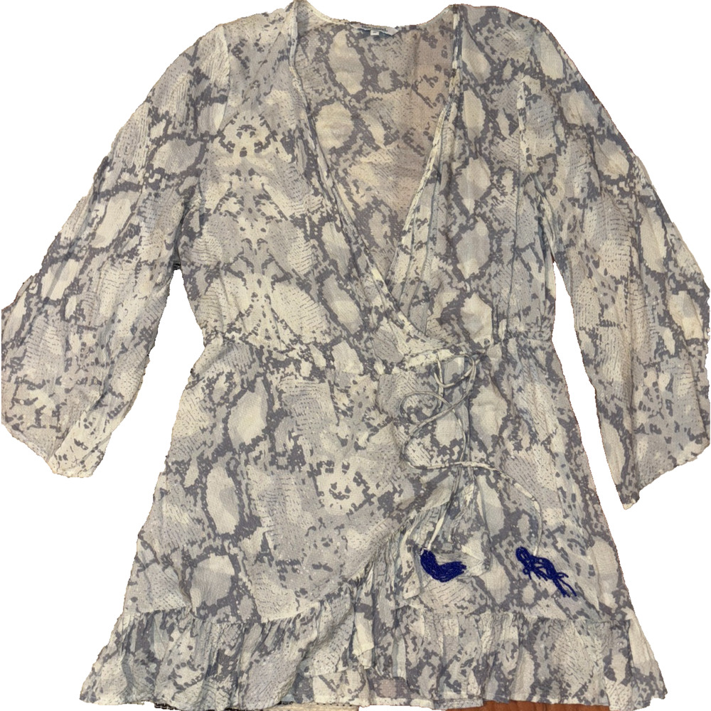 Blue Island MEDIUM Swim Coverup 3/4 Bell Sleeve Tassels Gray Snakeskin Dress